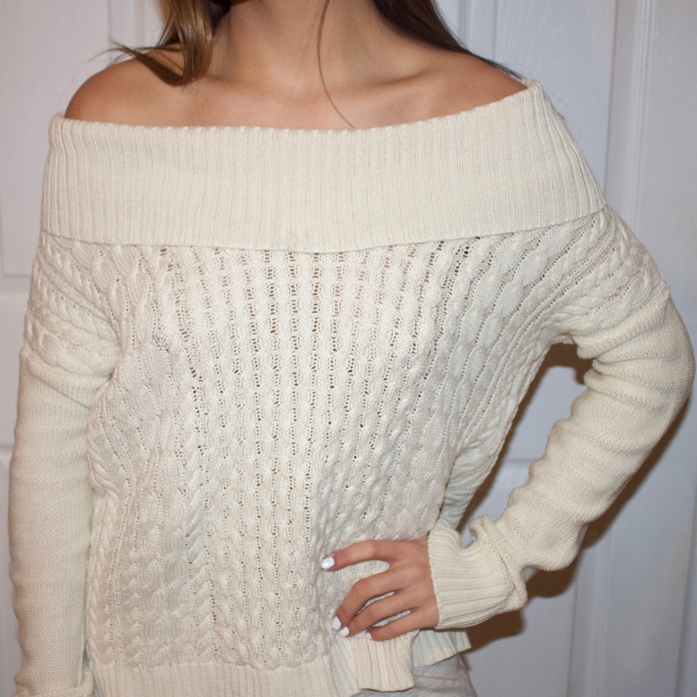 White off the shoulder knitted sweater